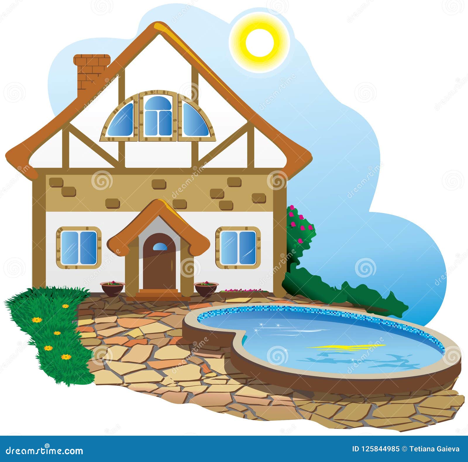 Нарисованный домик с бассейном
