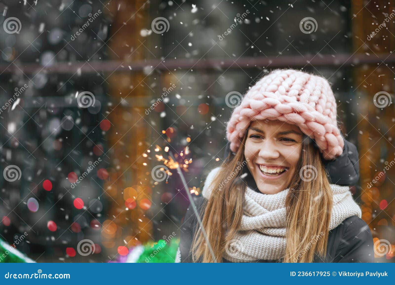 Lovely Lady Playing with Sparklers during the Snowfall Stock Image ...