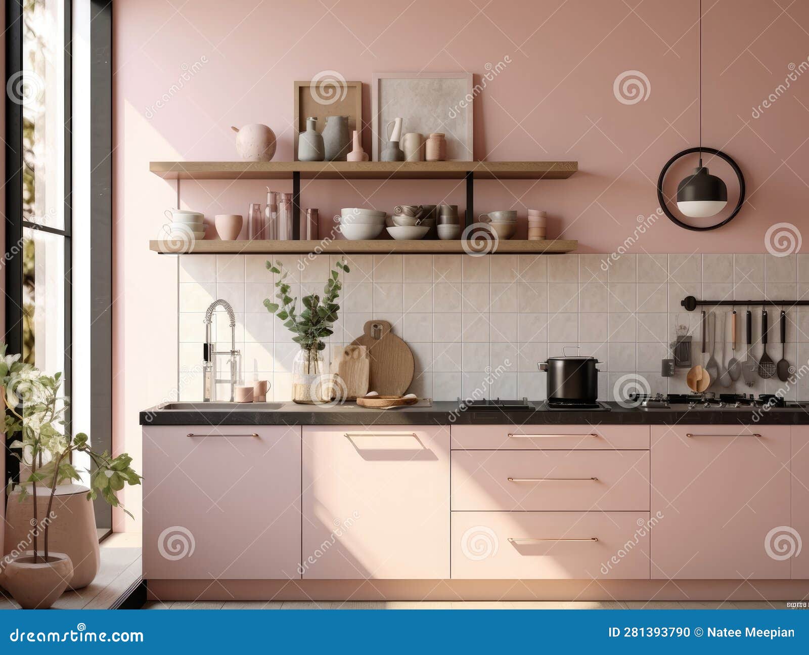 Lovely Pink Pastel Kitchen Room Interior. Generative AI Stock