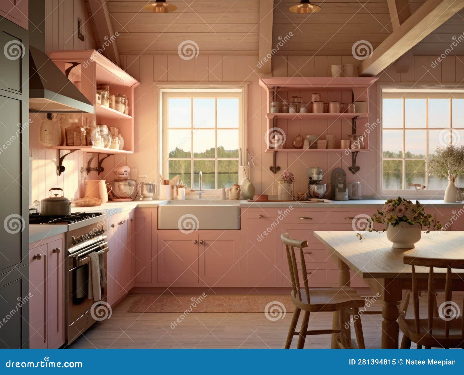 Lovely Pink Pastel Kitchen Room Interior. Generative AI Stock