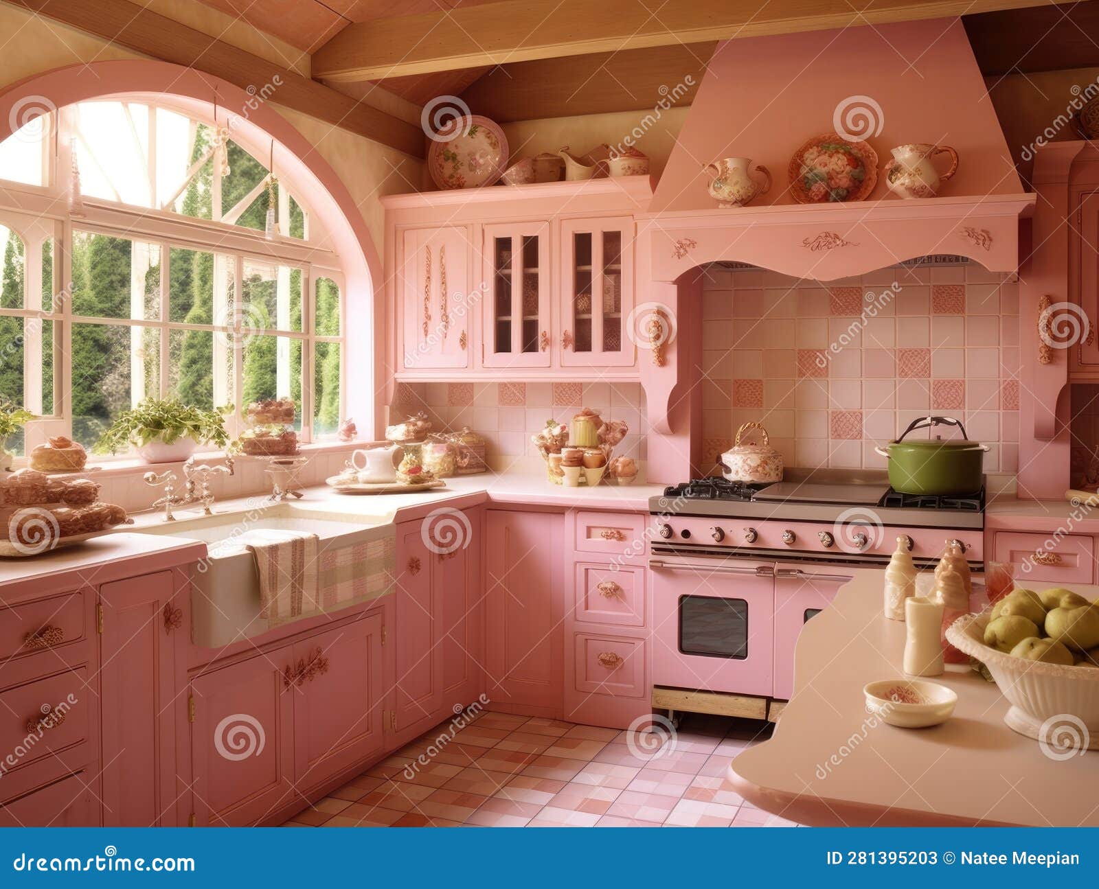 Lovely Pink Pastel Kitchen Room Interior. Generative AI Stock