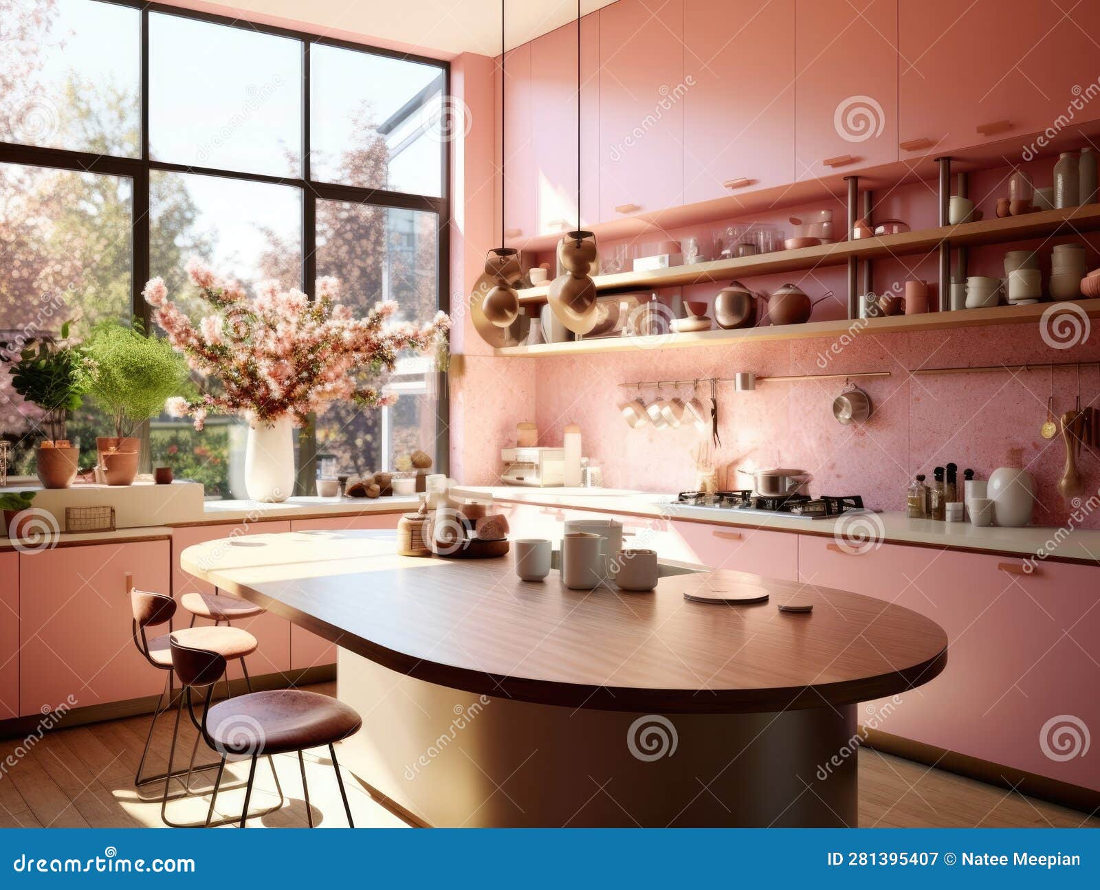 Lovely Pink Pastel Kitchen Room Interior. Generative AI Stock