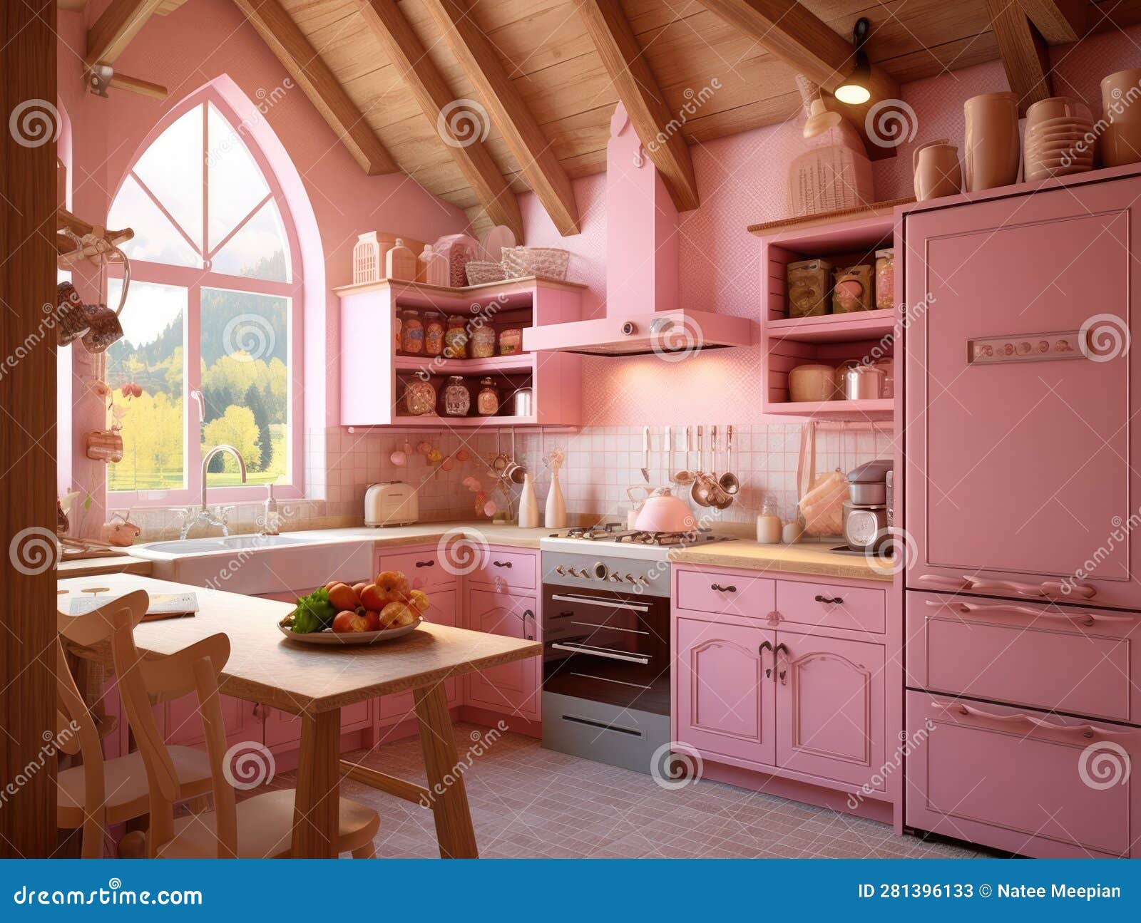 Lovely Pink Pastel Kitchen Room Interior. Generative AI Stock