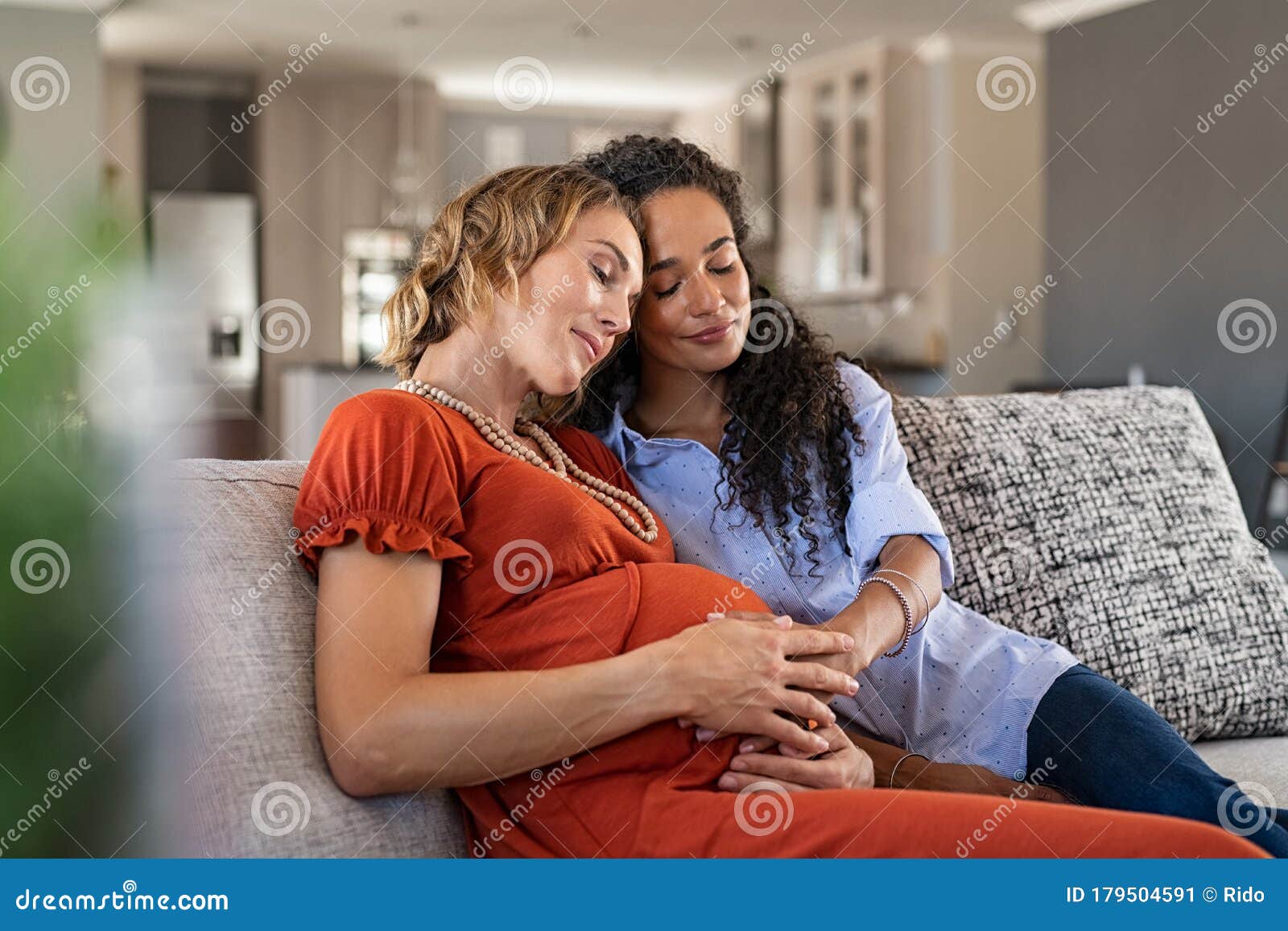 Lovely Pregnant Lesbian Couple At Home Stock Image Image