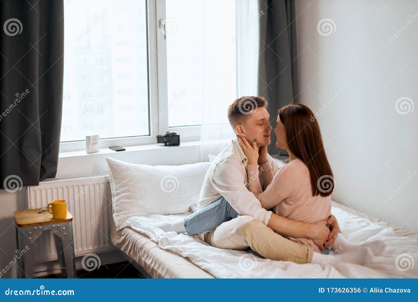 Lovely Romantic Man and Woman Going To Kiss, Look at Each Other As ...