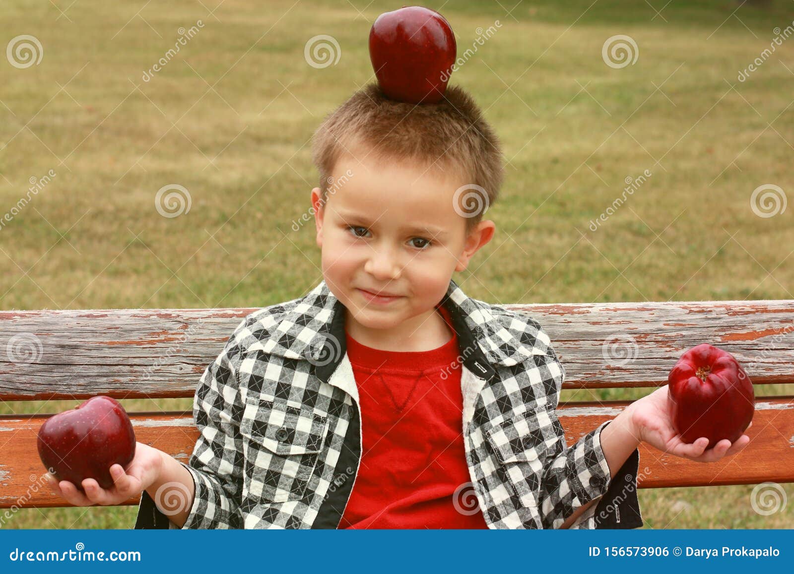 Lovely Smiling Boy with Apples Stock Photo - Image of apple, grass ...