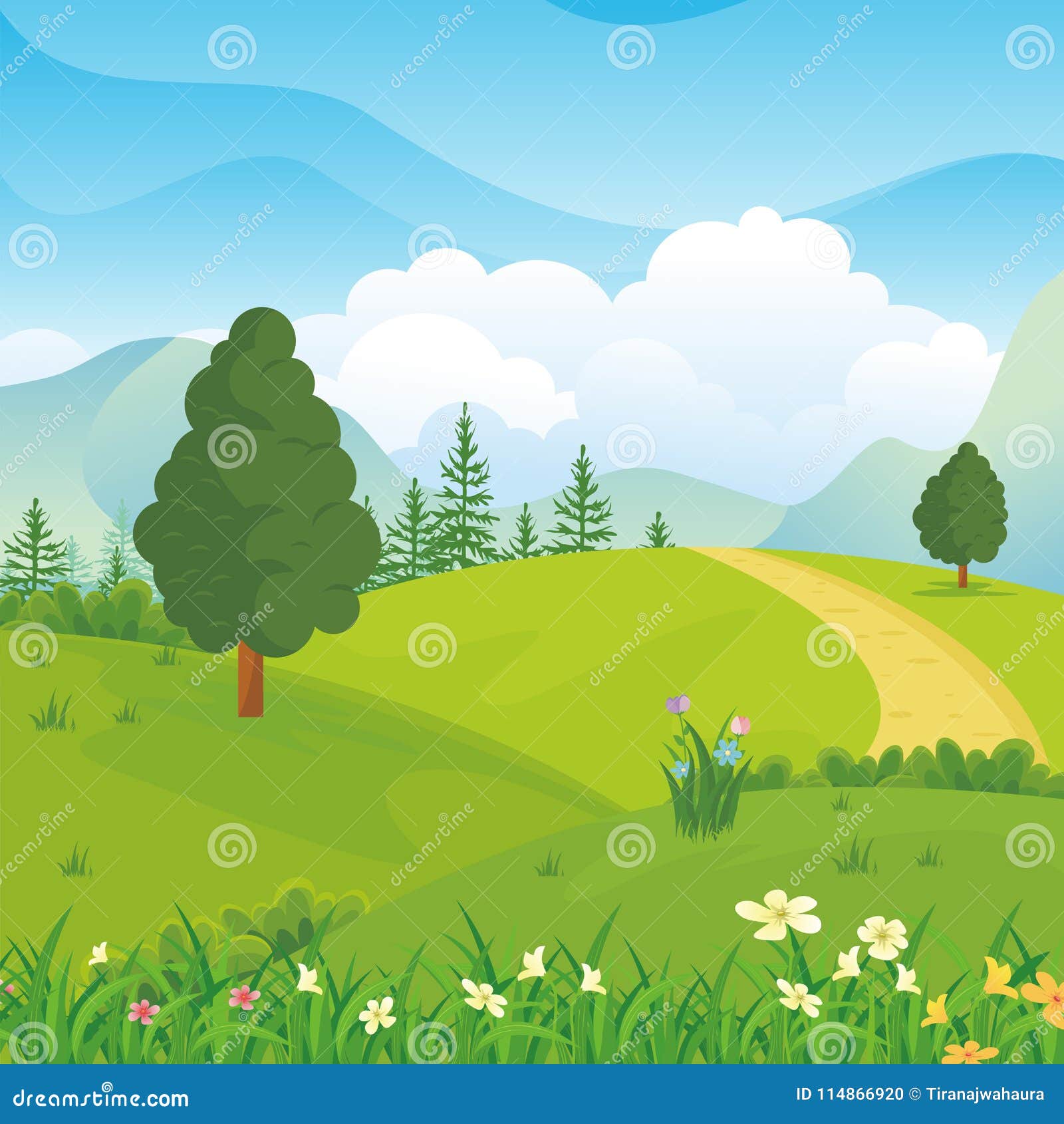 Lovely Spring Landscape Background with Cartoon Style Stock Vector ...