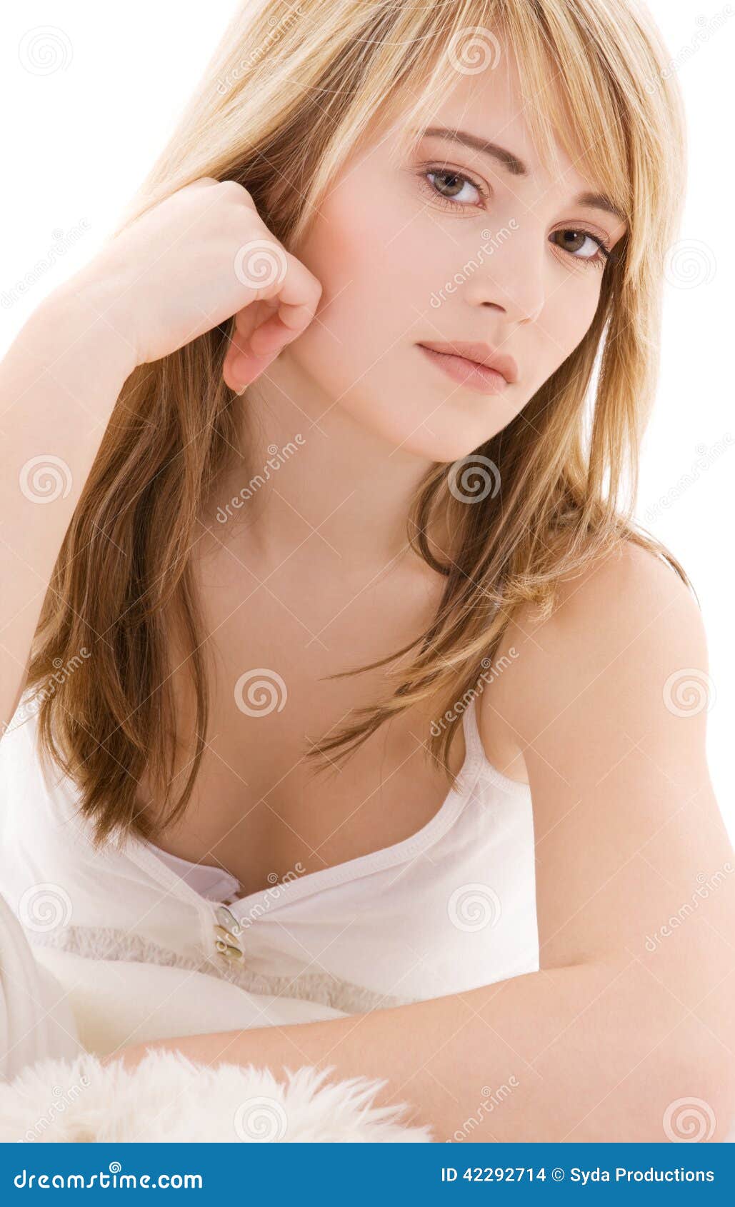 Bright picture of lovely teenage girl in white cotton shirt.