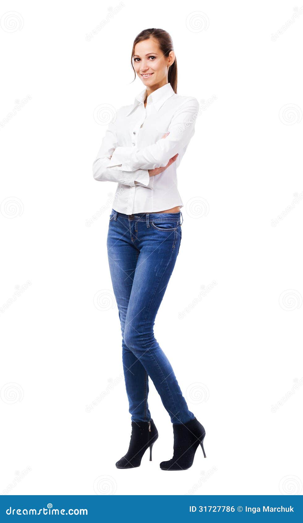 Lovely Woman In White Shirt And Blue Jeans Stock Photo Image Of Girl Beautiful