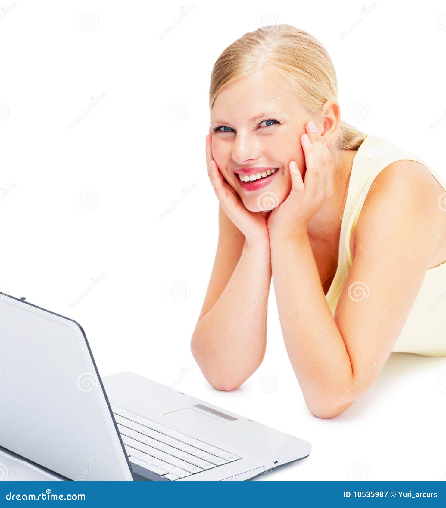 Lovely Young Lady Using A Laptop On The Floor Stock Image Image of