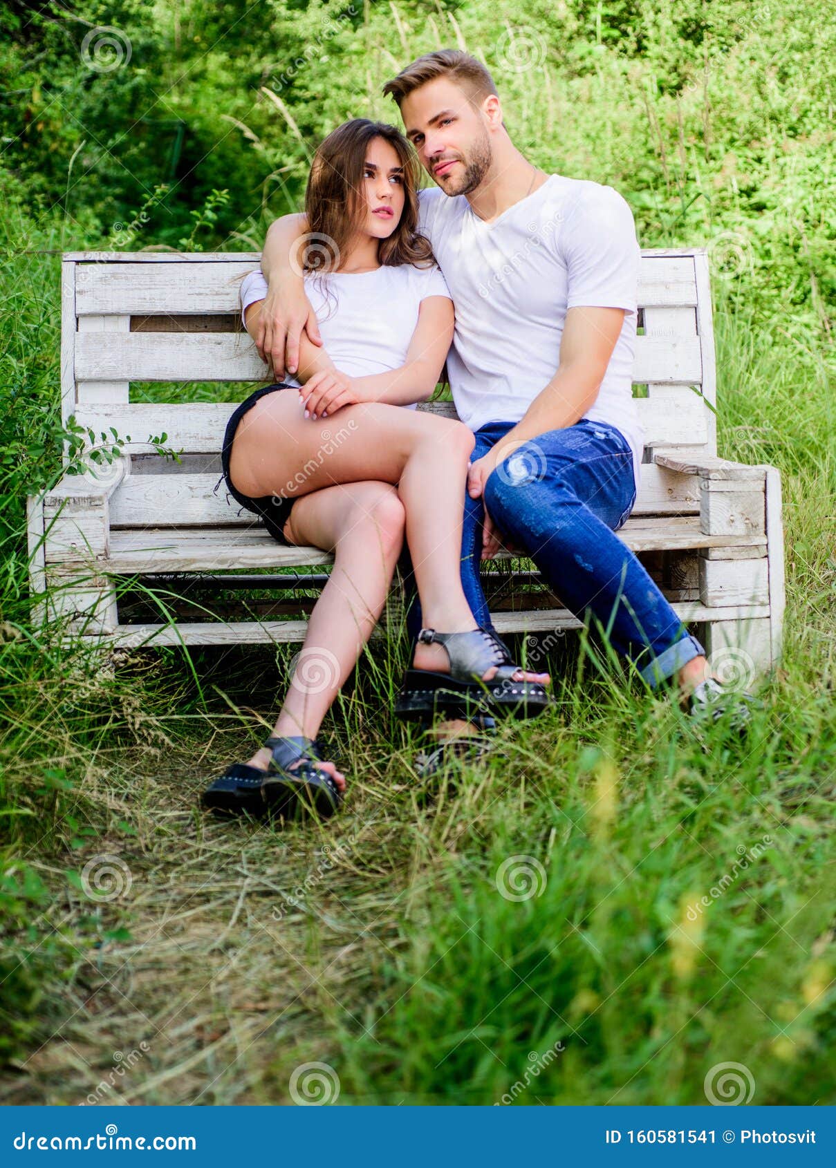 Lovers Cuddling Couple In Love Sit On Bench Summer Vacation Youth