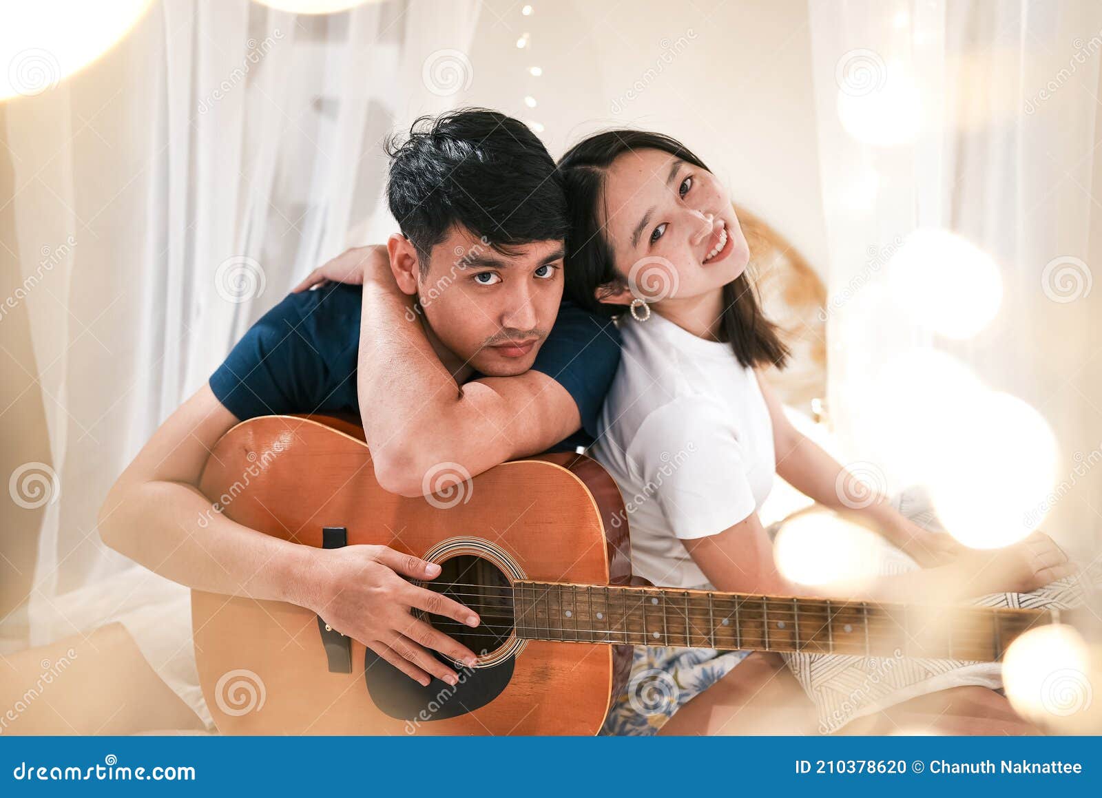 Lovers with Guitar and Bokeh Light in Bedroom Stock Photo Image of