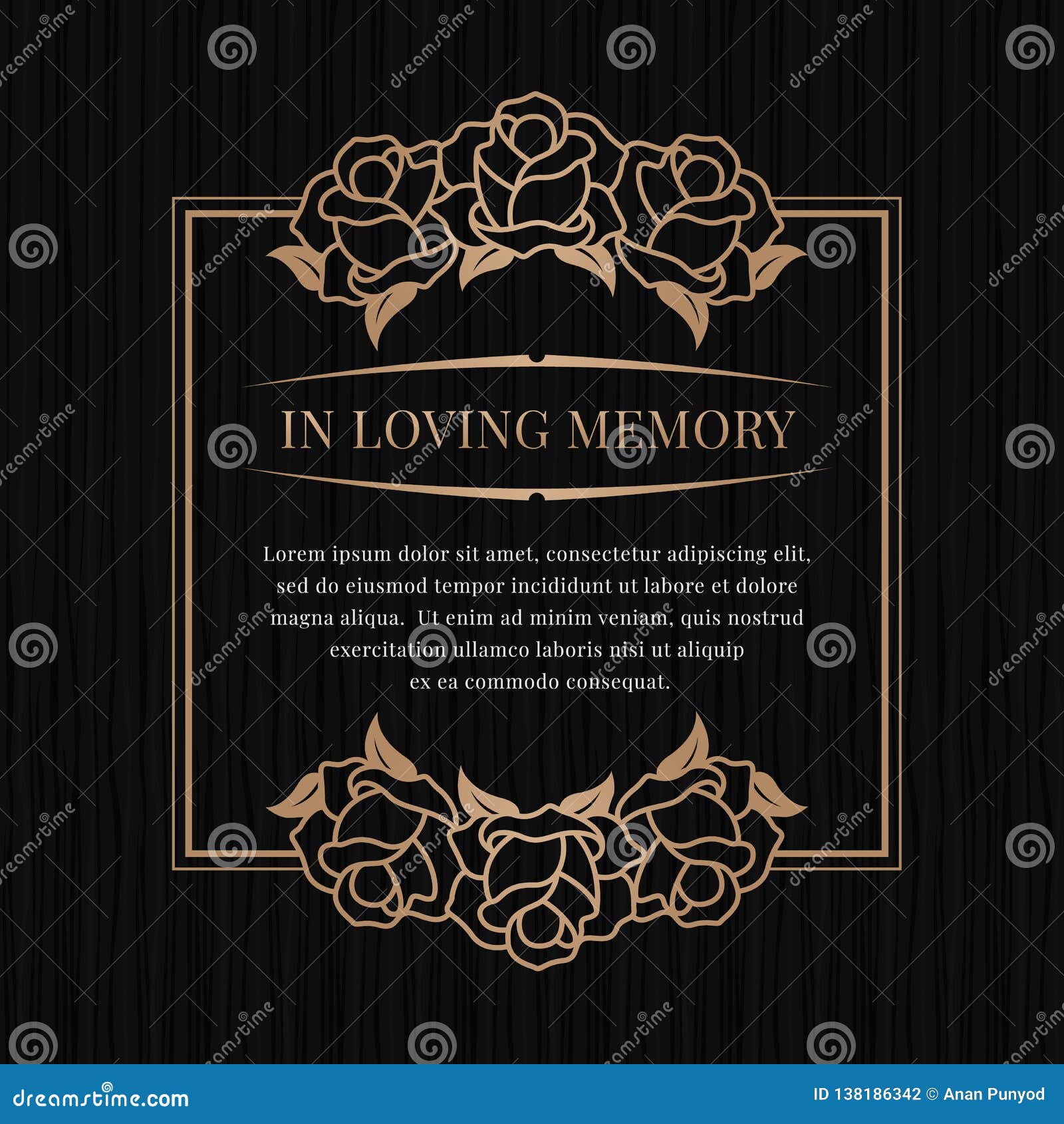 in loving memory banner with brown bronze rose frame on black texture background  