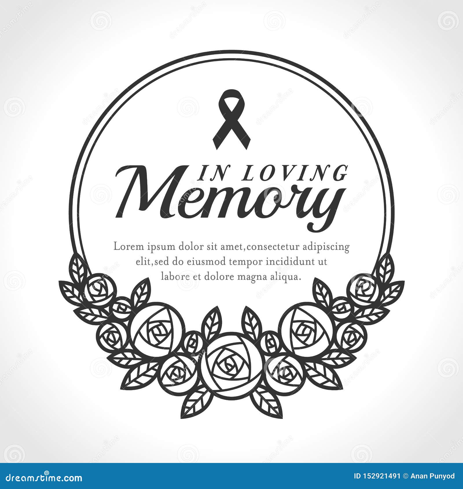 In Loving Memory Text And Ribbon In Black Circle Line Wreath Rose