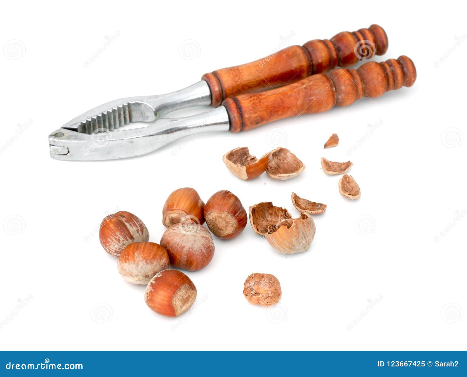 Low Angle Closeup of Hazelnuts with Nutcrackers on White. Stock Image