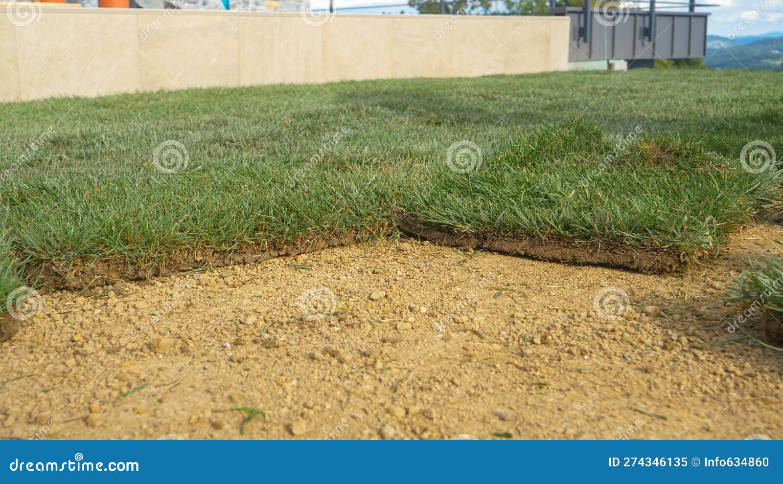 LOW ANGLE Grass Tiles Get Thrown on Soil Ground in Backyard Under Construction. Stock Image