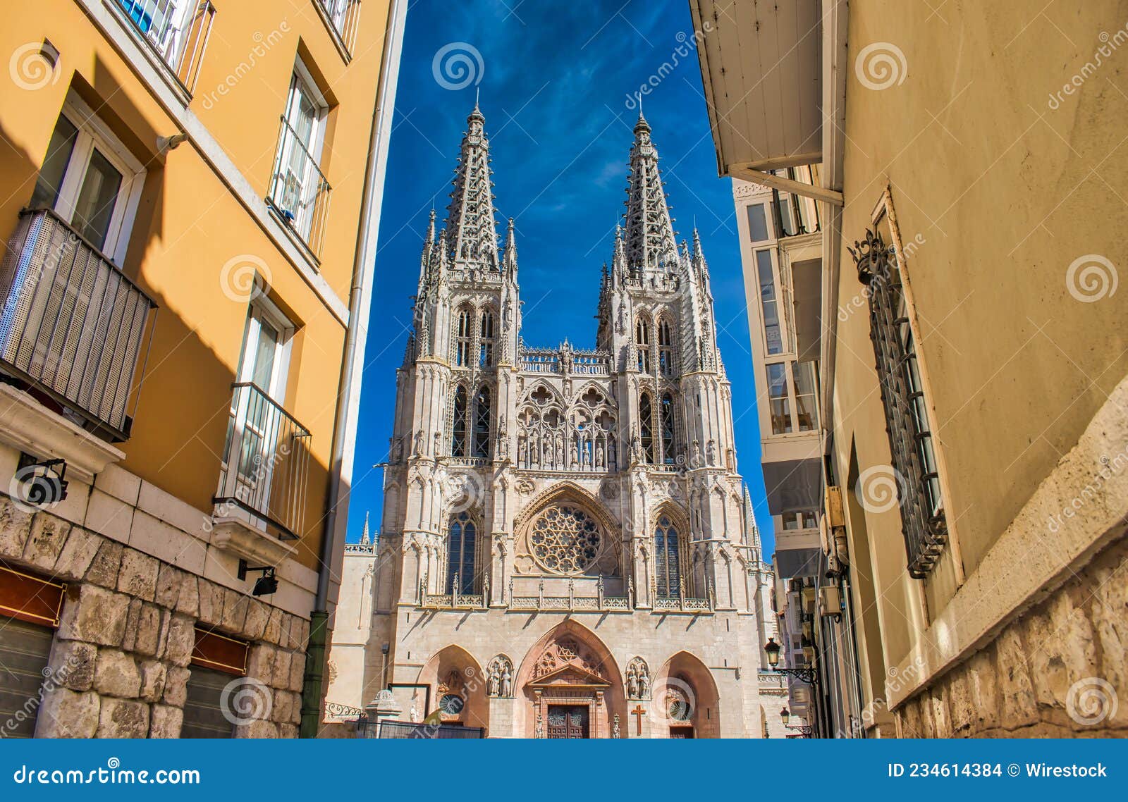 low angle panoramic view of the cathedral of burgos in spain