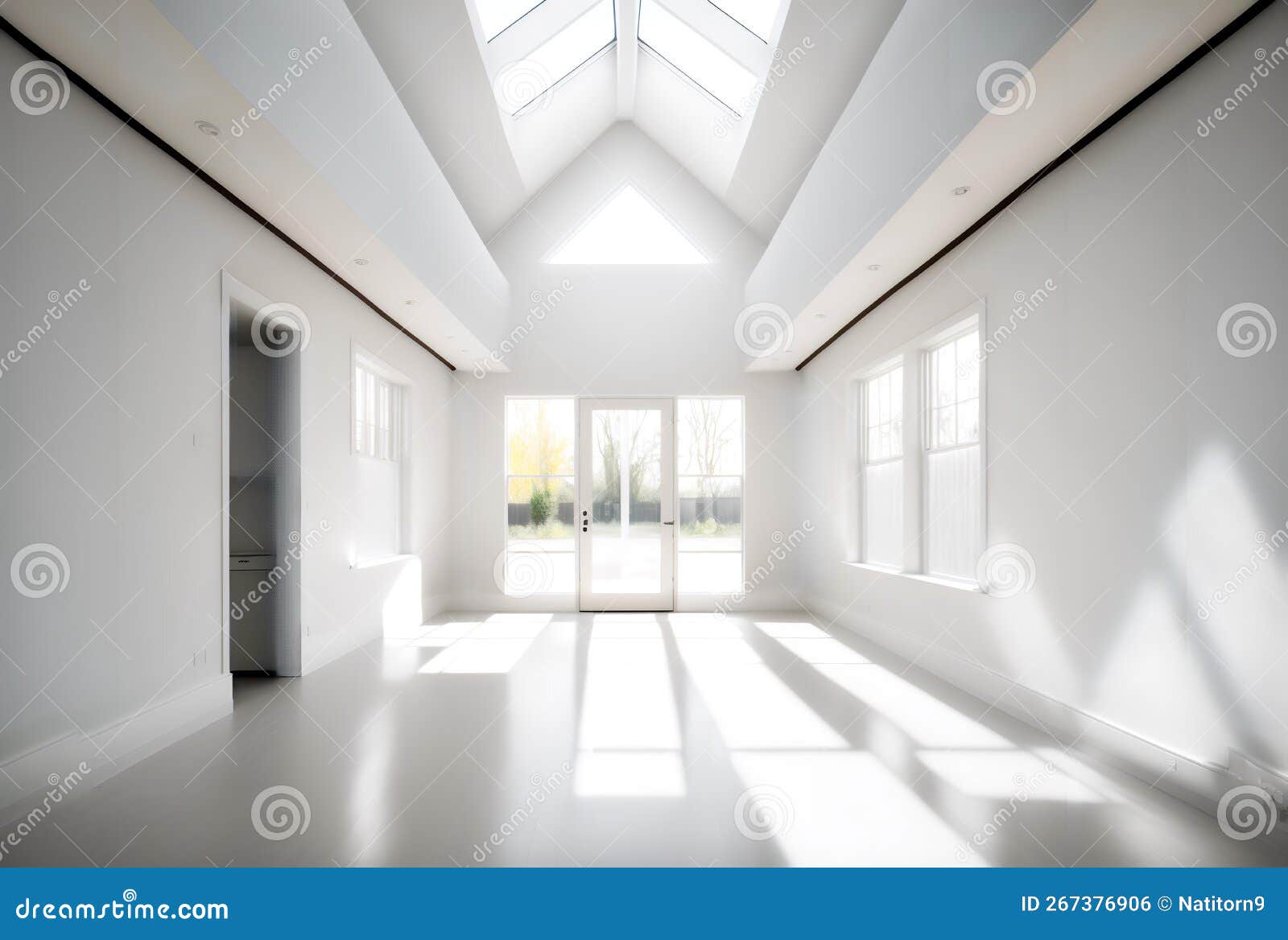 low-angle shot of an empty yoga studio with a large skylight overhead (aigen)