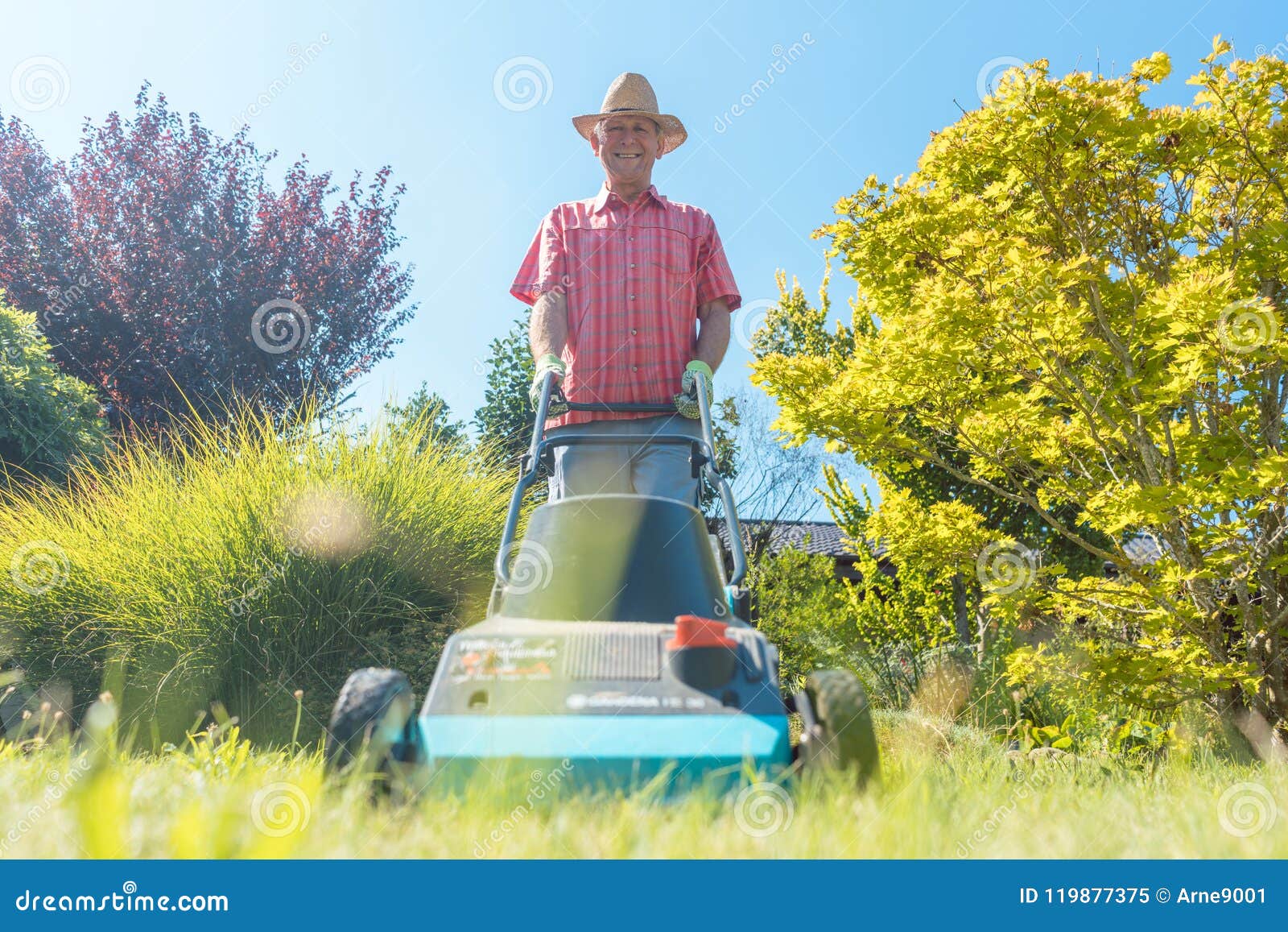 Active Senior Man Smiling while Using a Grass Cutting Machine Stock