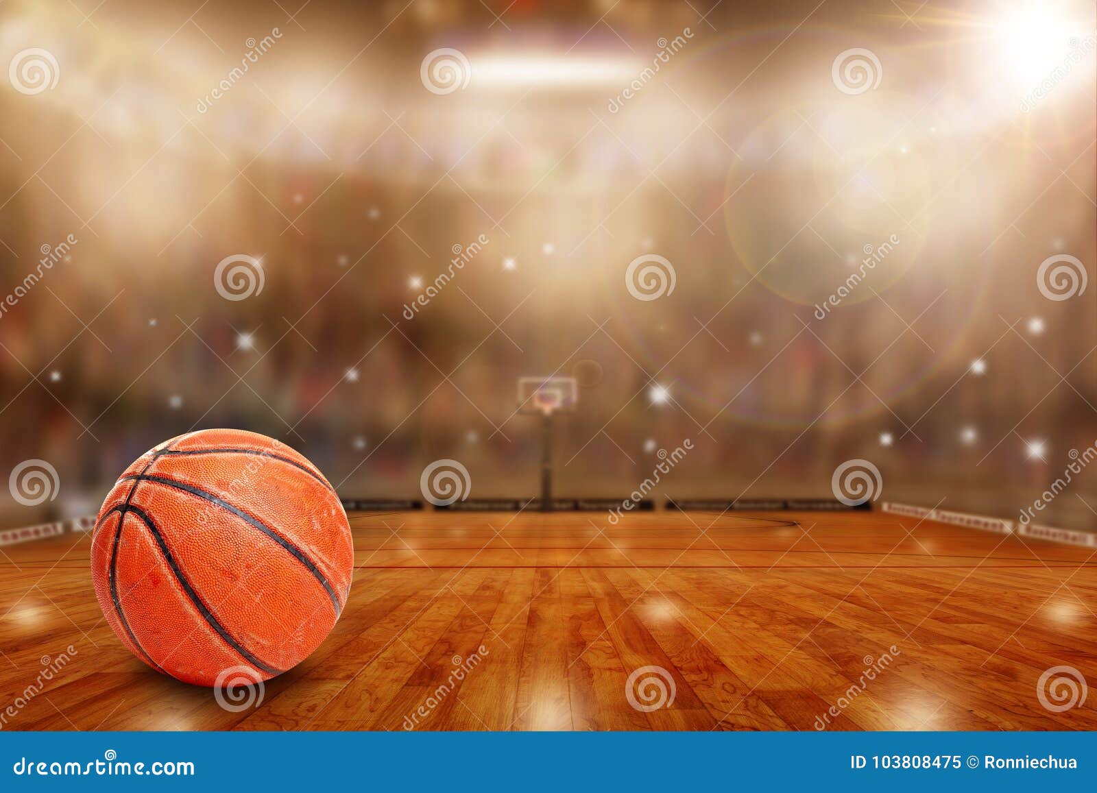 basketball arena with ball on court and copy space