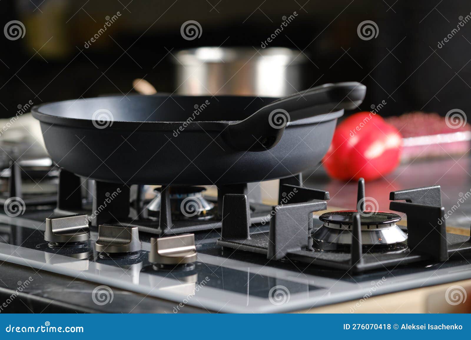 Low Angle View of Frying Pan on a Gas Stove Stock Photo Image of