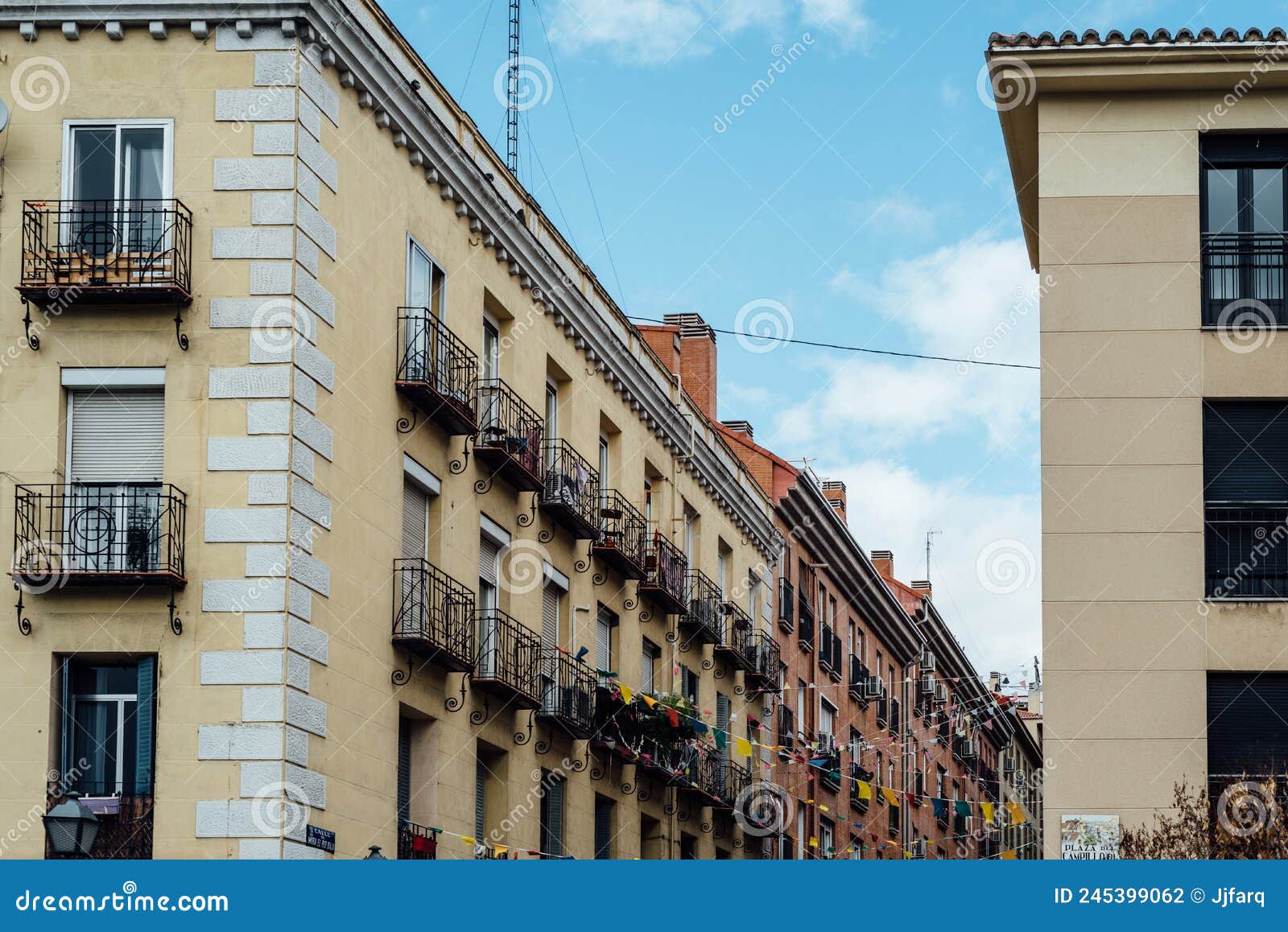 low angle view of old residential buildings in lavapies quarter in central madrid