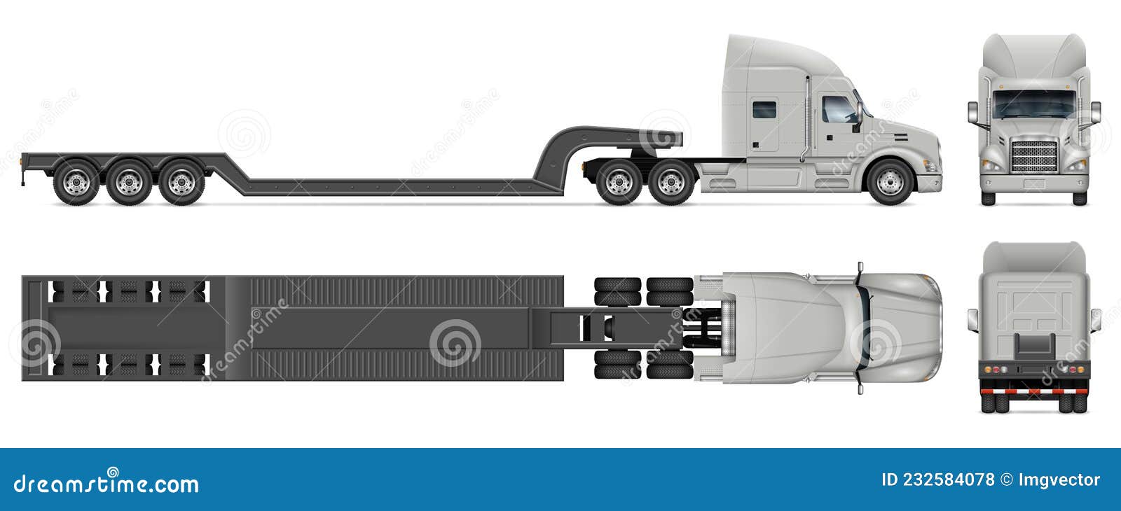 low bed trailer truck  mockup.  vehicle template side, front, back, top view