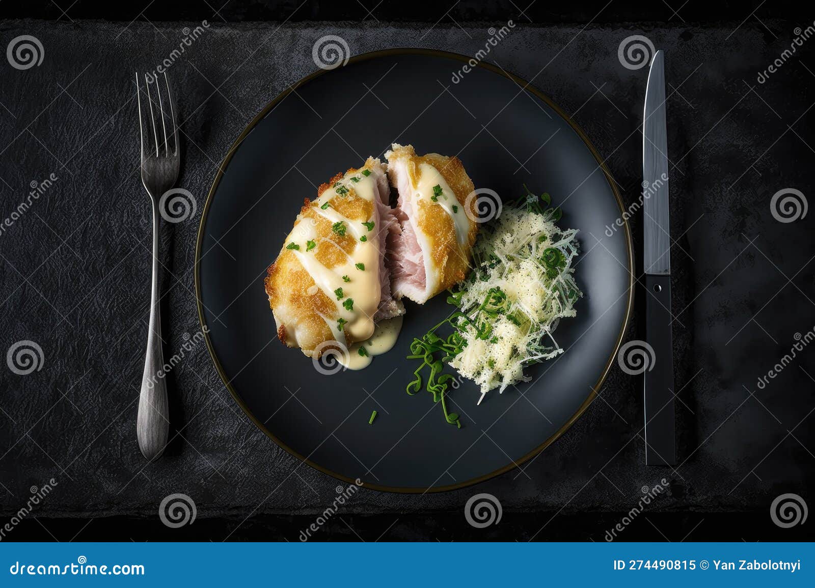 low carb chicken cordon bleu on black matte plate. generative ai