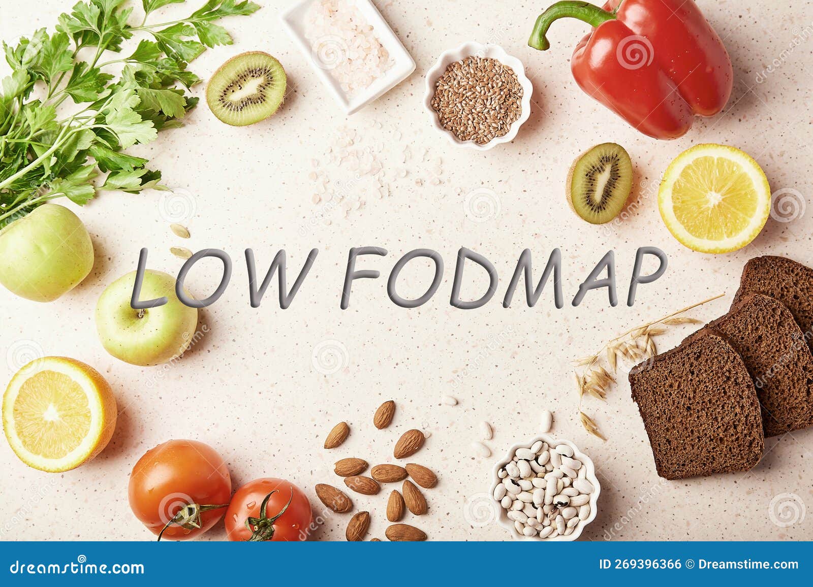 low fodmap concept with text in center. low diet - fruits,vegetables, greenery, nuts, beans, flax seeds, chia seeds