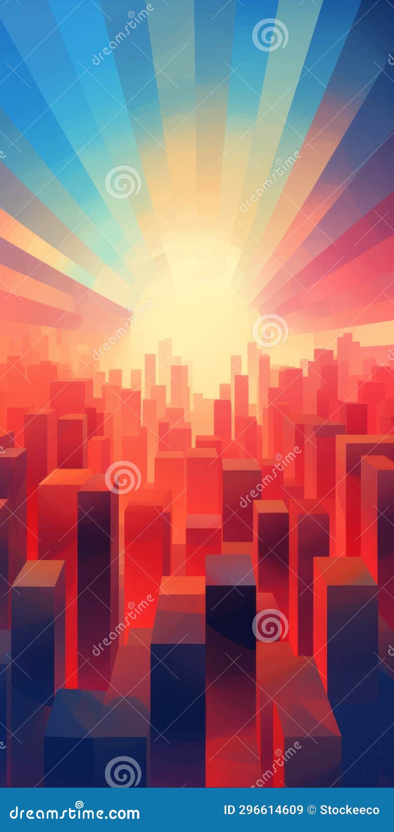 low poly cityscape sun: a digital gradient blend of cubo-futurism