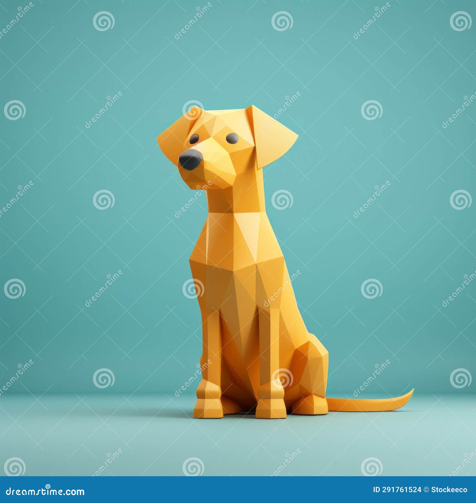 Minimalist 3d Geometric Yellow Dog Illustration on Green Background