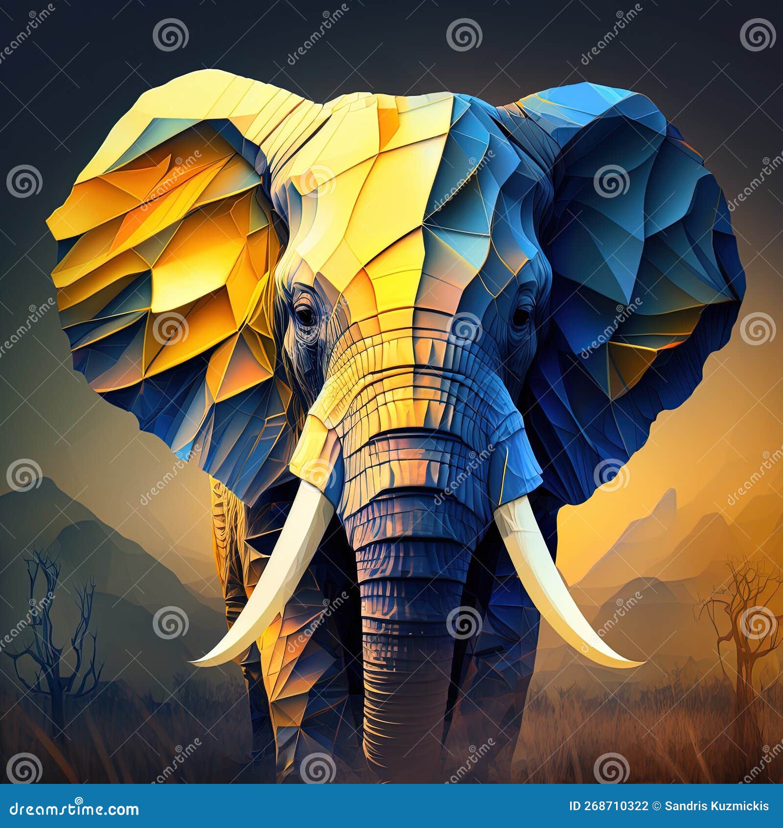 Low Poly Elephant in Blue and Yellow Color. Generative AI Stock