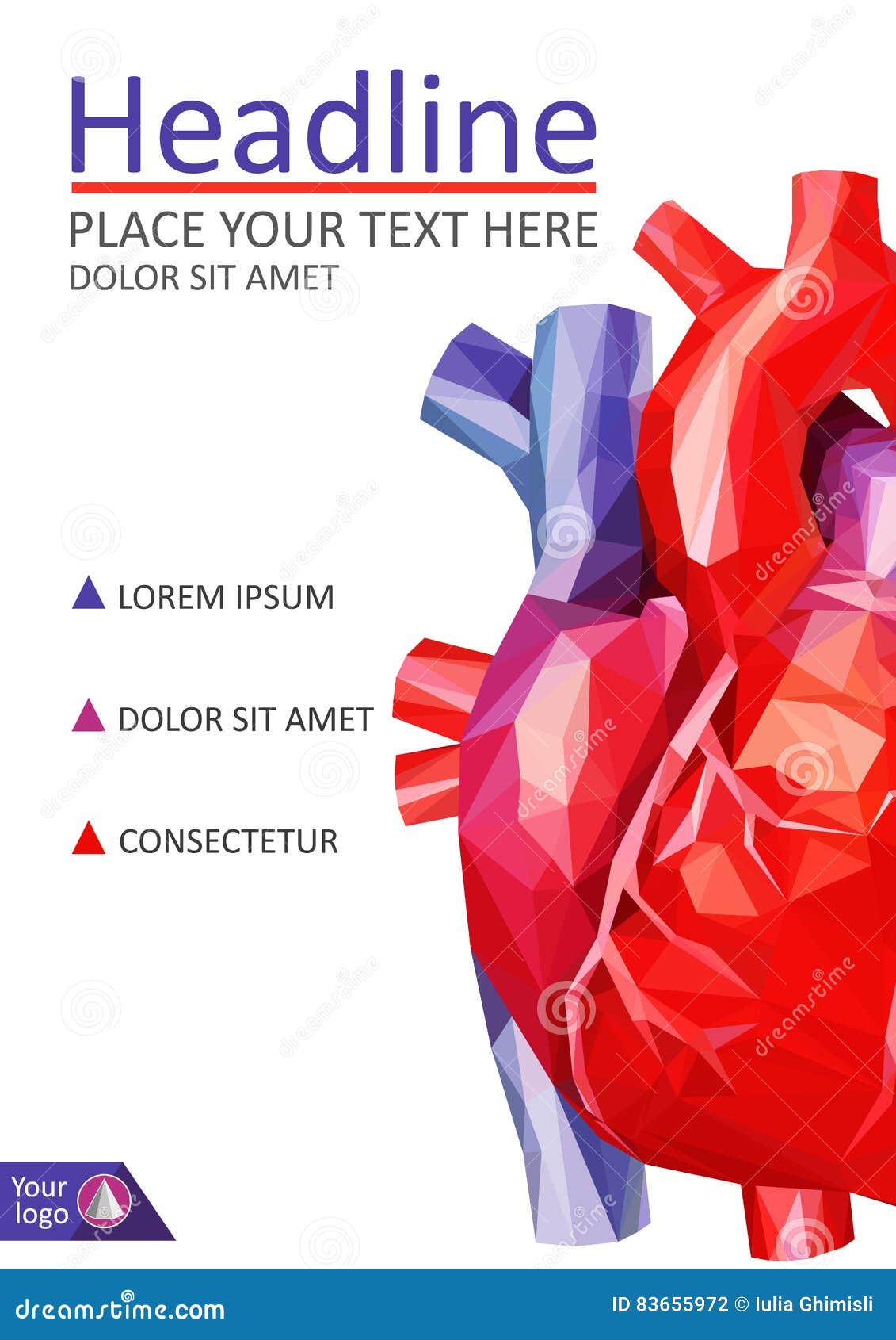 low poly human heart cover . a4 medical journals, conferenes