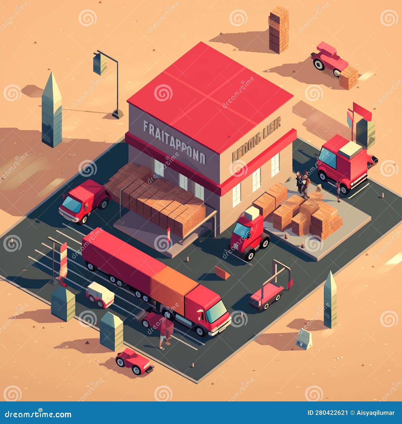 Low Poly and Isometric View of Delivery Company Office and Distribution