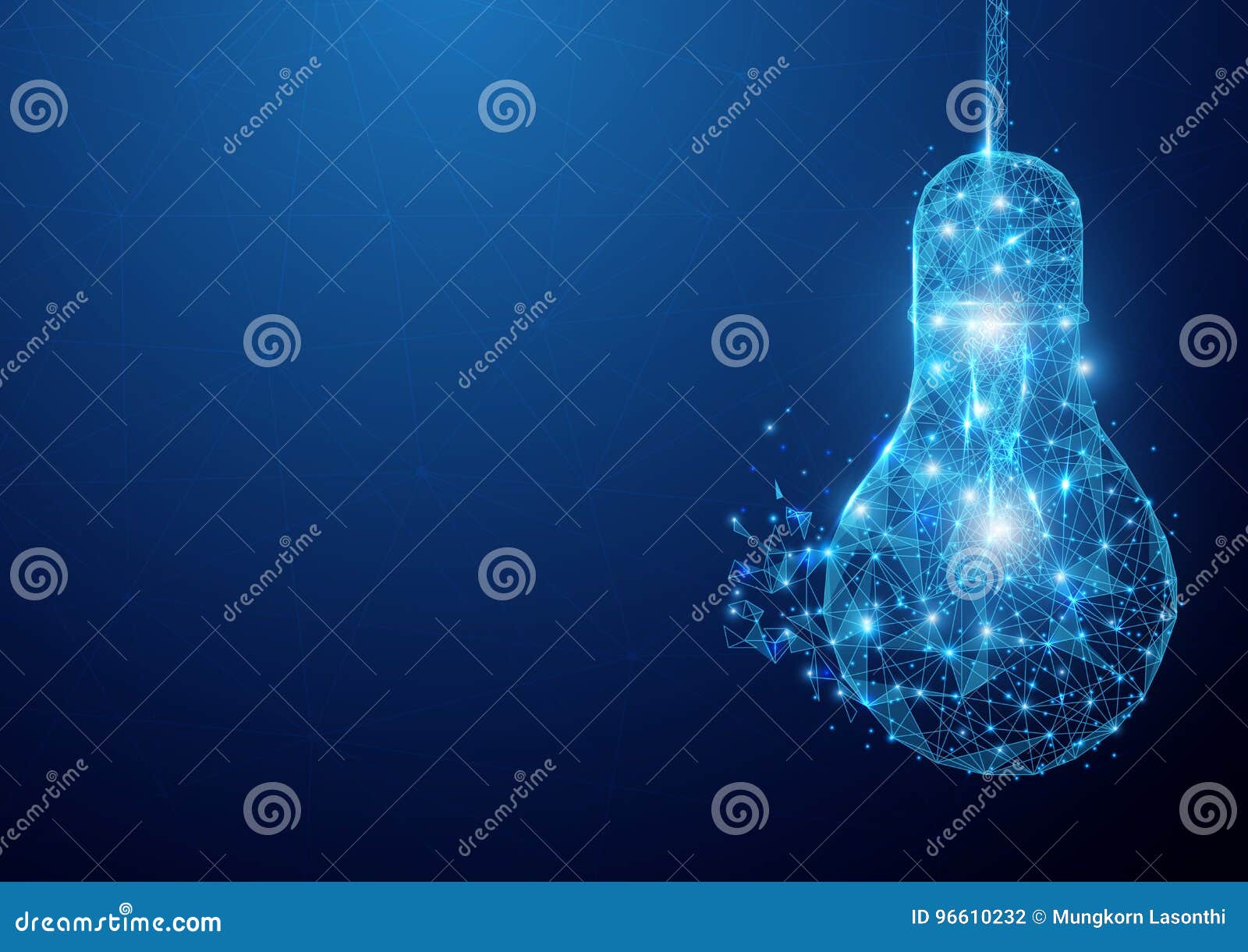 low polygon light bulb wireframe mesh hanging on blue background