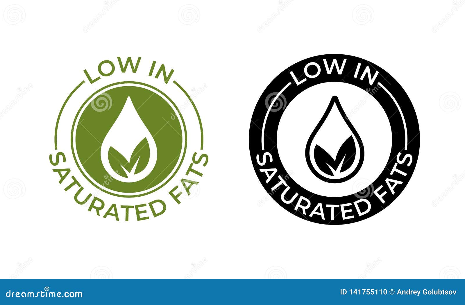 low in saturated fats  icon. food package seal, free or contain no saturated fats, leaf and oil drop
