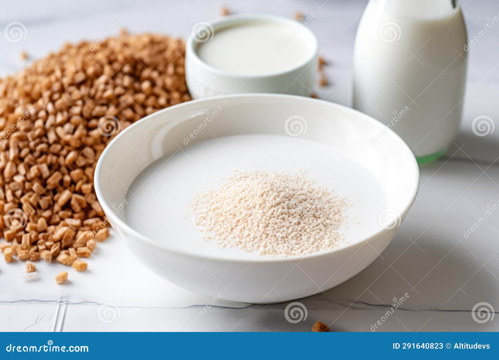 Low Sugar Breakfast Cereal in White Bowl with Soy Milk Stock Image