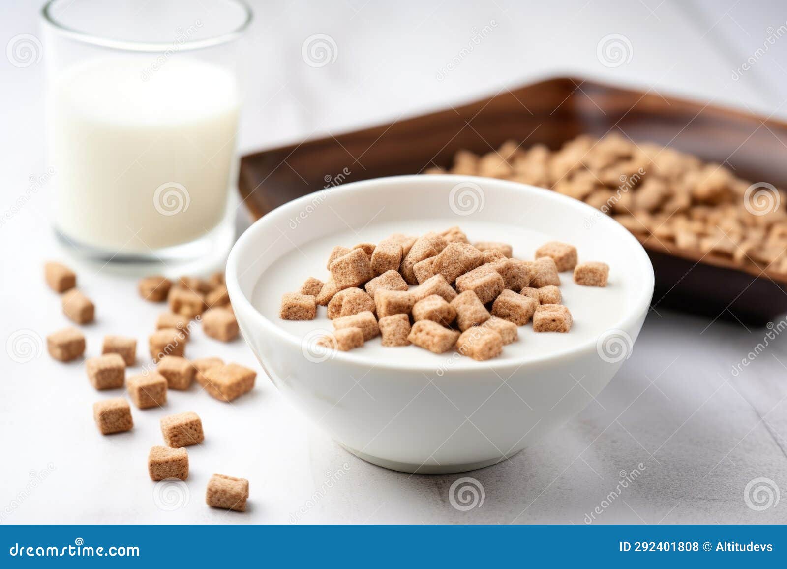 Low Sugar Breakfast Cereal in White Bowl with Soy Milk Stock Photo