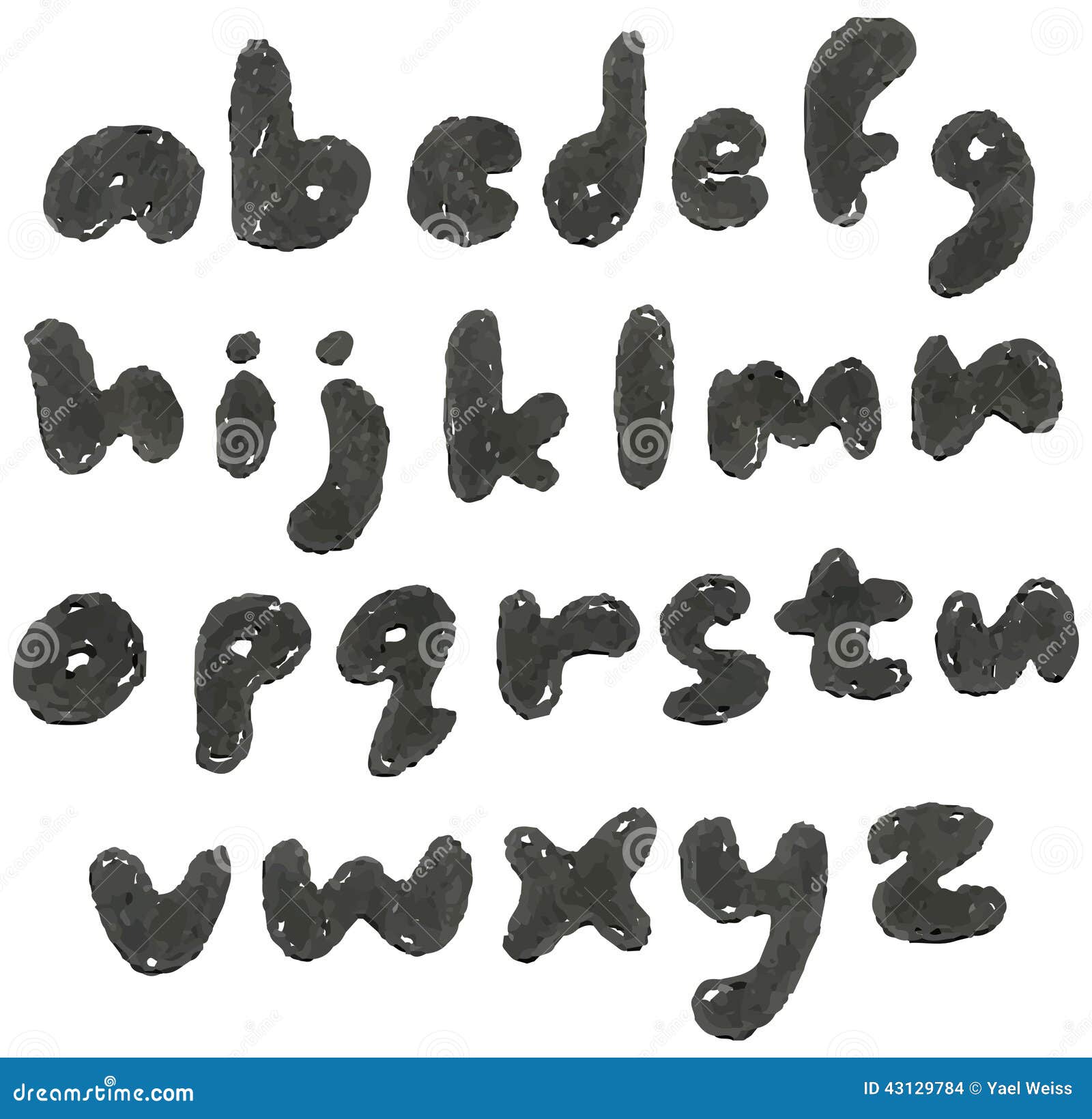 lower case hand drawn blackened alphabet