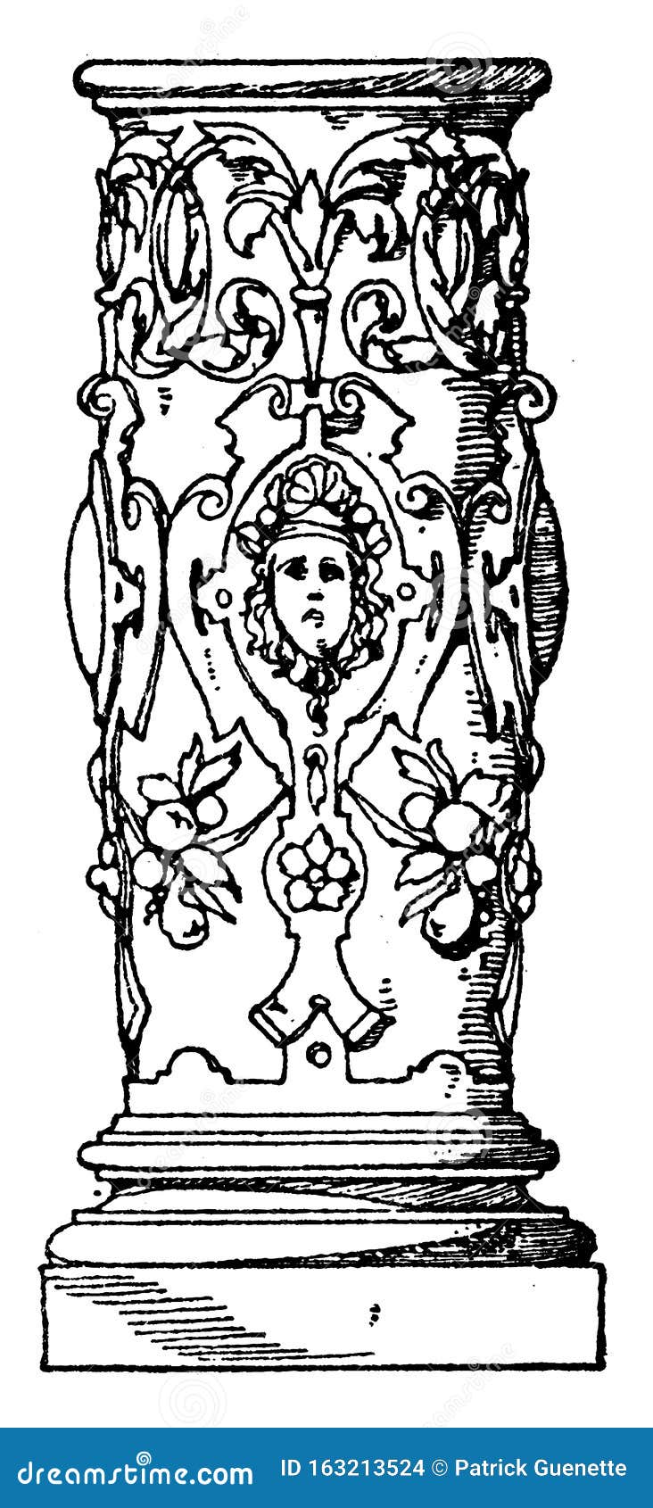 lower part of column profiled shaft, profiled,  vintage engraving