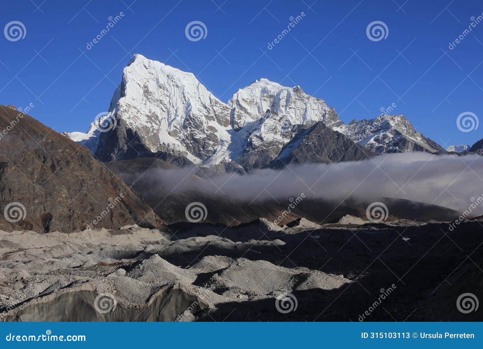 lower part of the ngozumba glacier and snow covered mountains cholatse and tobuche, nepal