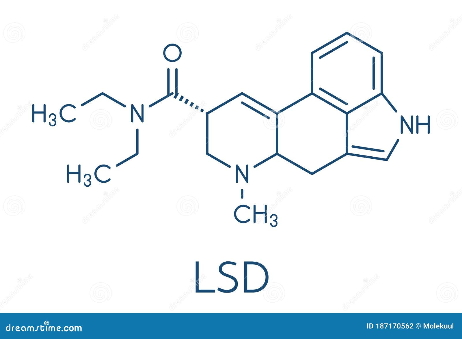 lsd lysergic acid diethylamide psychedelic drug molecule. skeletal formula.