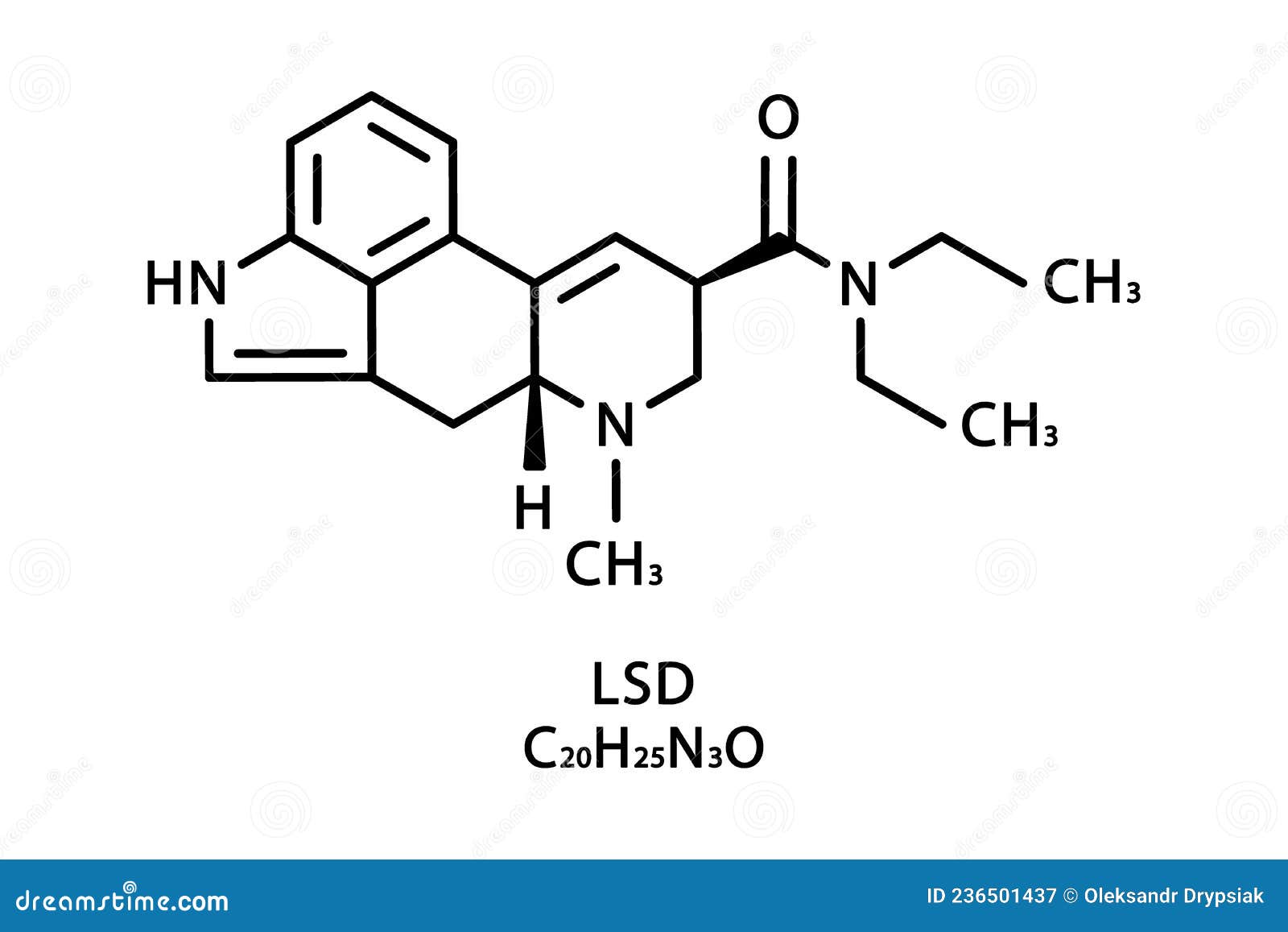 lsd molecular structure. lysergic acid diethylamide skeletal chemical formula. chemical molecular formula 