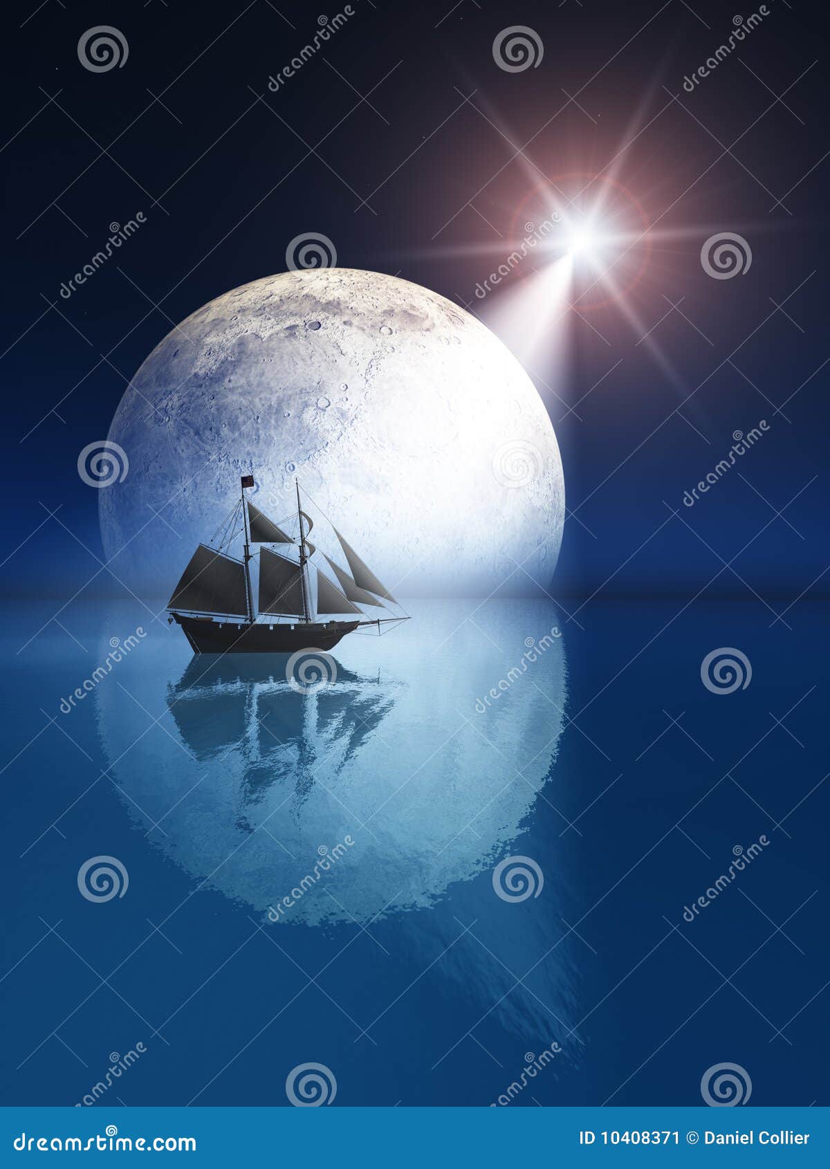 Lua cheia e estrela sobre o navio. Uma ilustração de uma lua cheia da noite sobre o mar com a estrela de tiro brilhante.