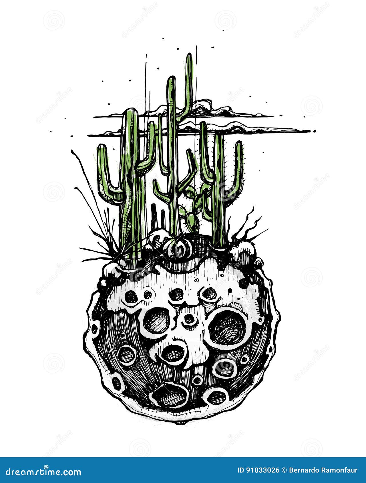 Um desenho preto e branco de um cacto com um vaso de plantas nele.