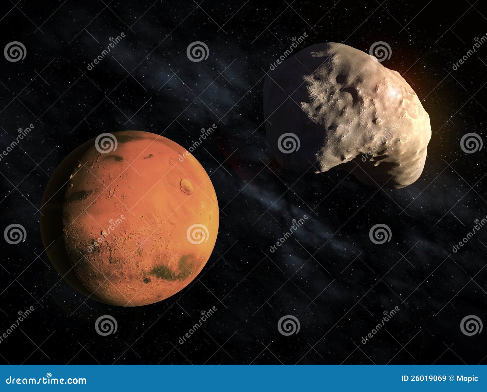 Lua menor Deimos de Marte com o planeta visível no fundo