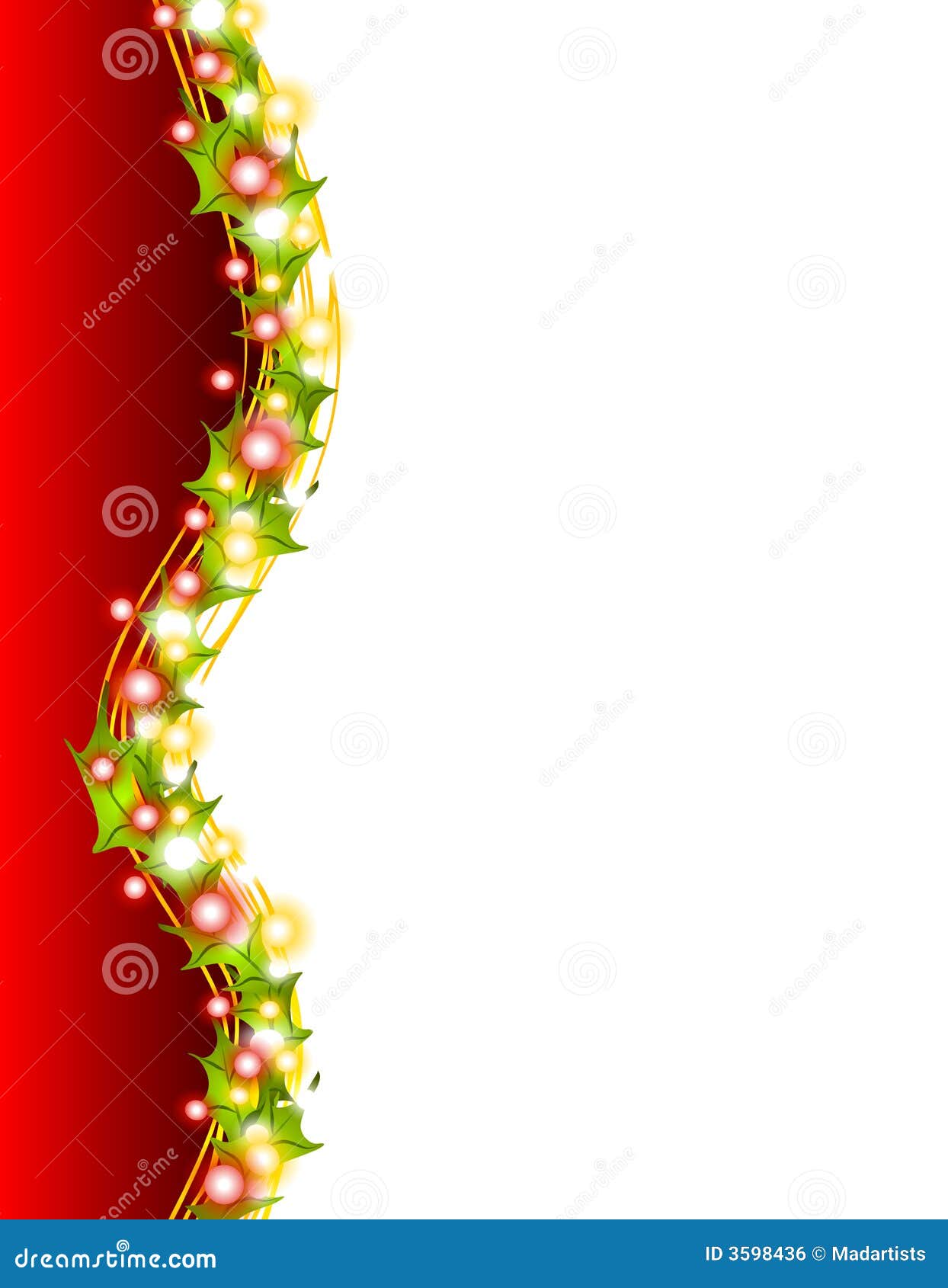 Luces de Navidad y frontera 2 del acebo. Una ilustración del arte de clip de una frontera decorativa de la Navidad que ofrece las hojas del acebo, la cinta del oro y luces que brillan intensamente brillantes
