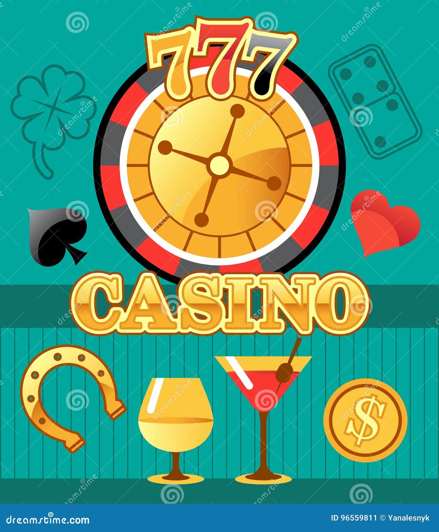 777 Lucky Casino Roulette with Bar Drinks Emblem, Flat Vector Illustration Stock Vector