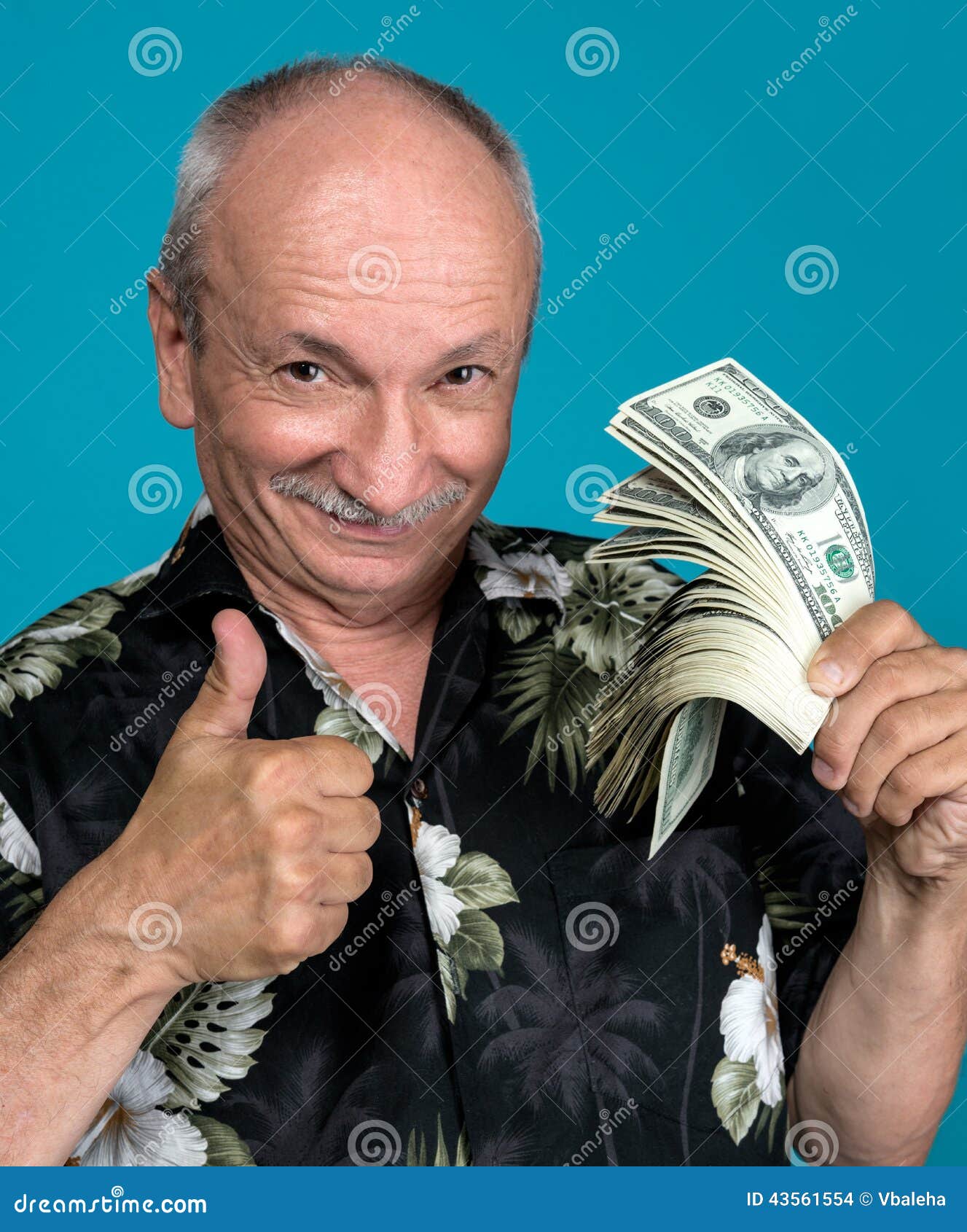 Lucky Old Man Holding Dollar Bills Stock Photo