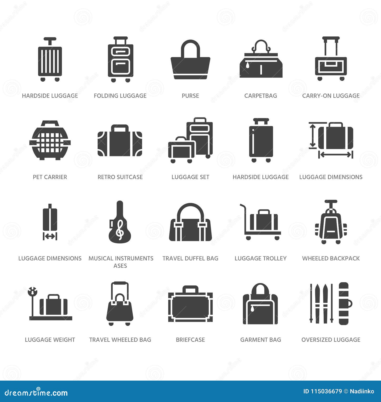 luggage flat glyph icons. carry-on, hardside suitcases, wheeled bags, pet carrier, travel backpack. baggage dimensions